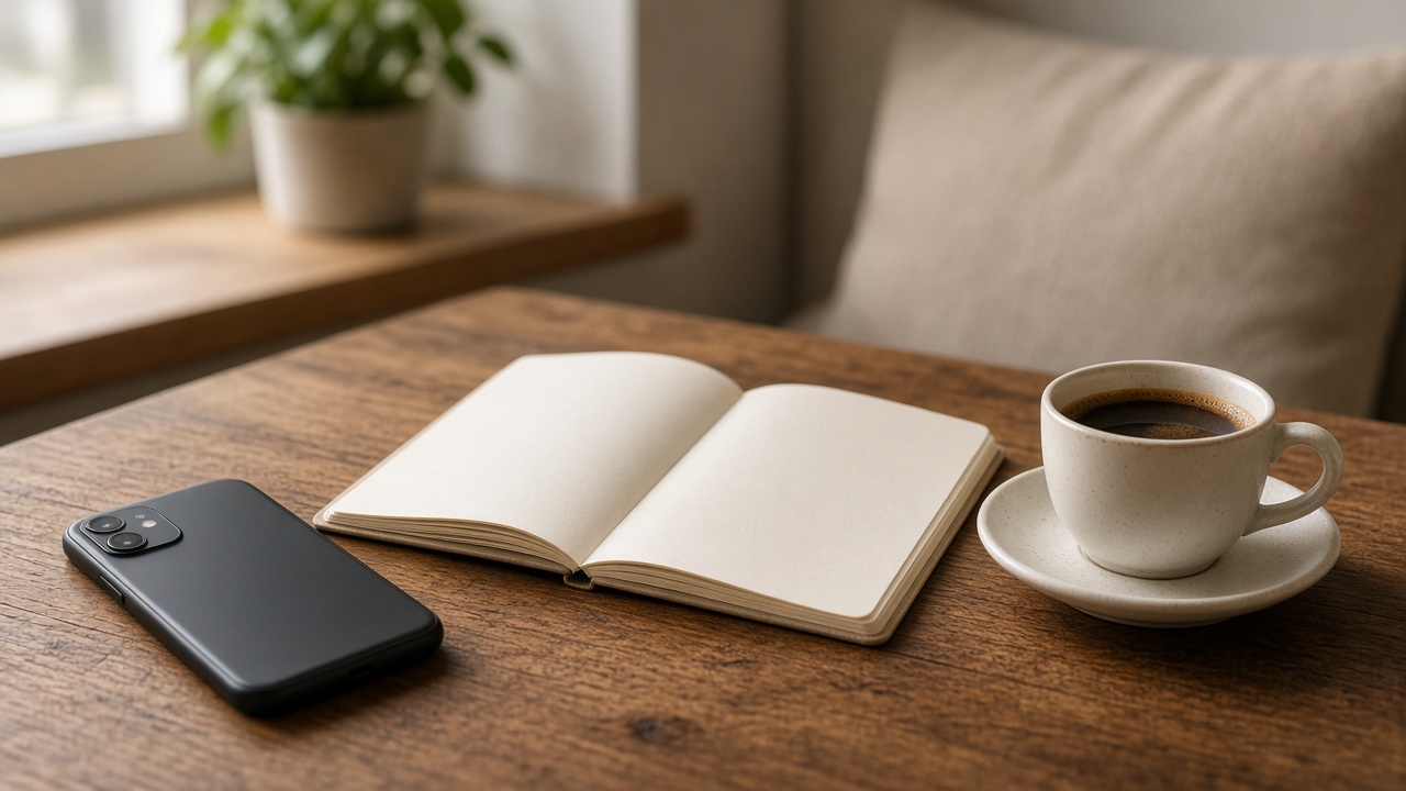 Handy, aufgeschlagenes Notizbuch und eine Tasse Kaffee auf einem Tisch