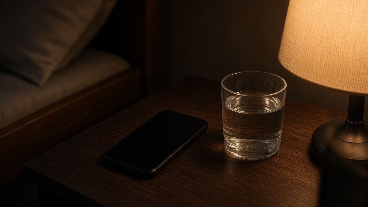 Nachttisch im Halbdunkel mit Handy, einem Glas Wasser und einer Lampe