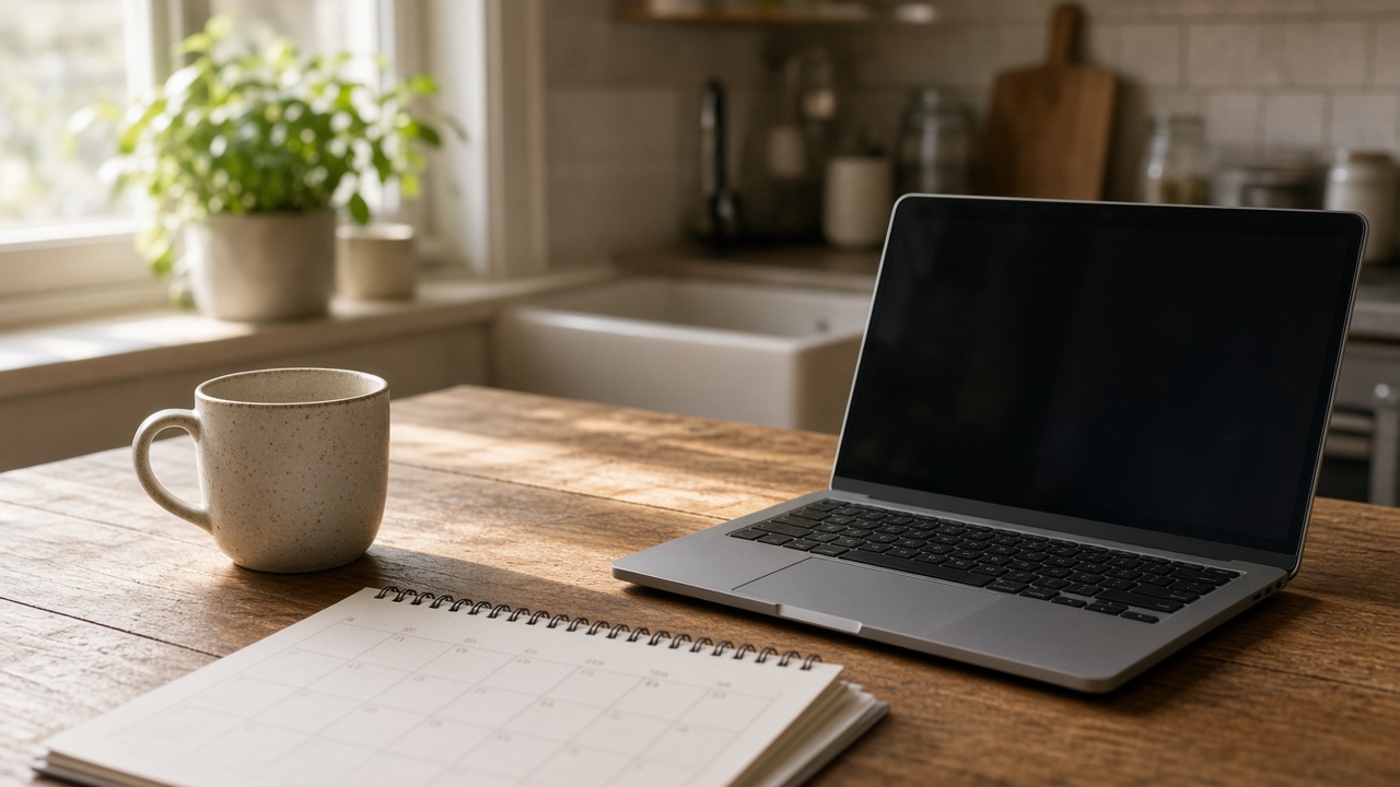 Portátil, cuaderno y taza sobre una mesa de cocina