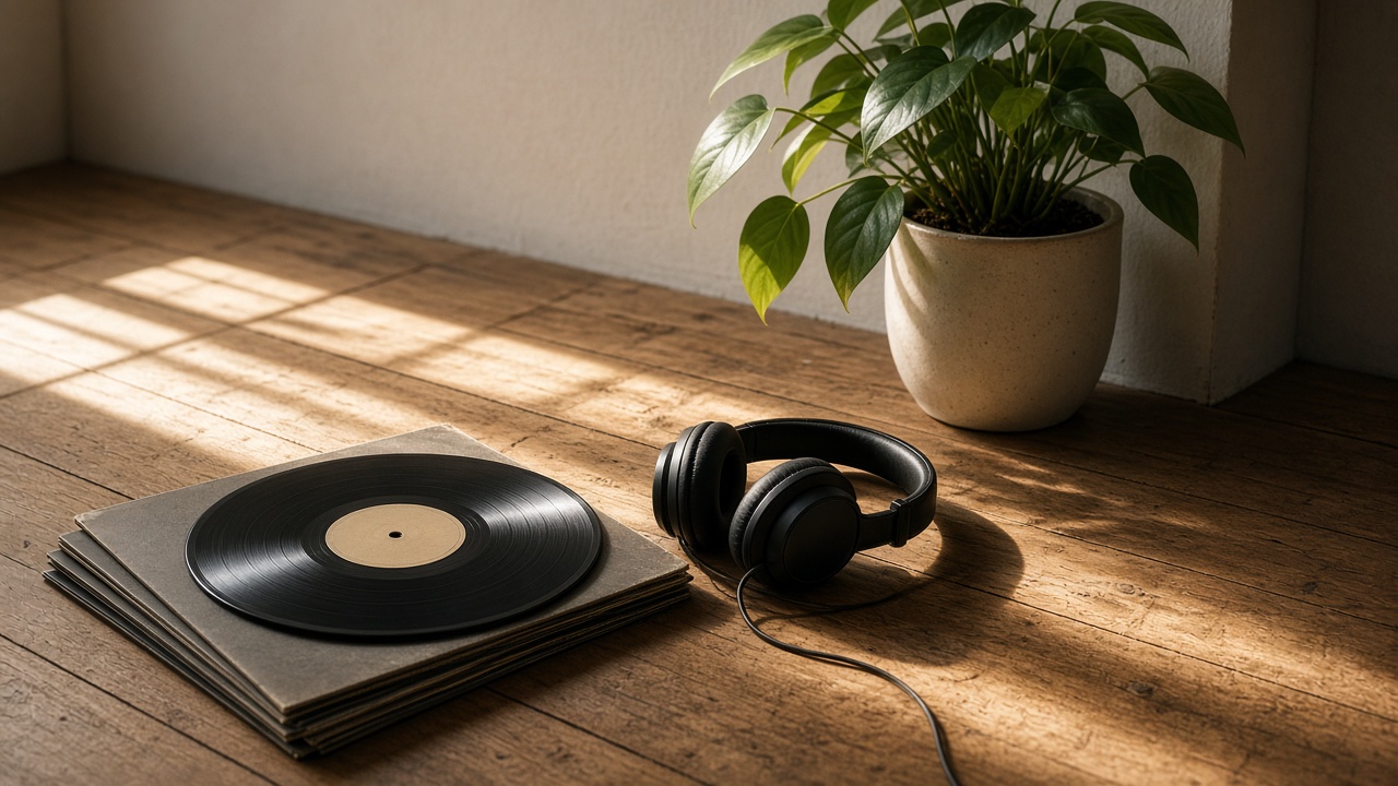Un vinilo y unos auriculares sobre una mesa de madera al sol