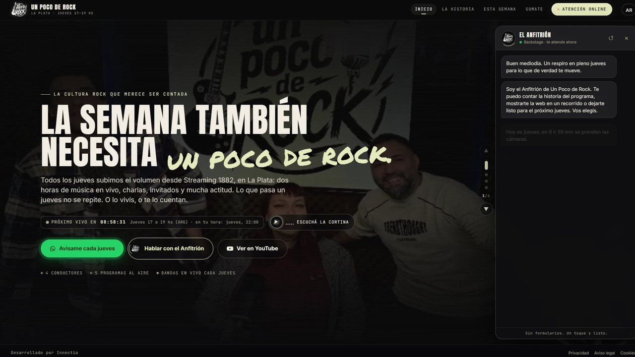Portada de unpocoderock.com: el titular «La semana también necesita un poco de rock», la cuenta atrás al próximo vivo y el chat de El Anfitrión abierto